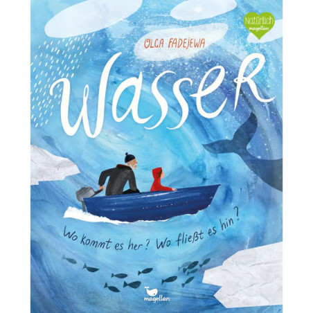 Illustration: Zwei Personen im blauen Boot auf Wasser, Fische darunter, darüber das Wort Wasser. Illustration: Zwei Personen im blauen Boot auf Wasser, Fische darunter, darüber das Wort Wasser.