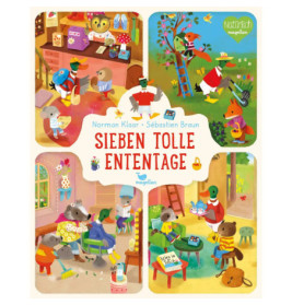 Vier farbenfrohe Szenen: Tiere lesen, spielen und gärtnern auf einem gemütlich illustrierten Kinderbuchcover.