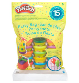 Play-Doh Party Bag mit 15 Dosen in gelber Tasche, beschriftet auf Englisch, Französisch und Spanisch.