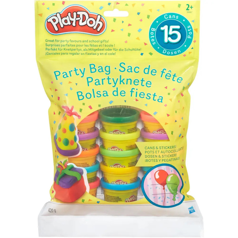 Play-Doh Party Bag mit 15 Dosen in gelber Tasche, beschriftet auf Englisch, Französisch und Spanisch.