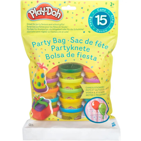 Play-Doh Party Bag mit 15 Dosen in gelber Tasche, beschriftet auf Englisch, Französisch und Spanisch.
