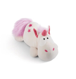 Weißes Plüsch-Einhorn mit rosa Horn, Sternen und Mähne liegt auf weißem Hintergrund.