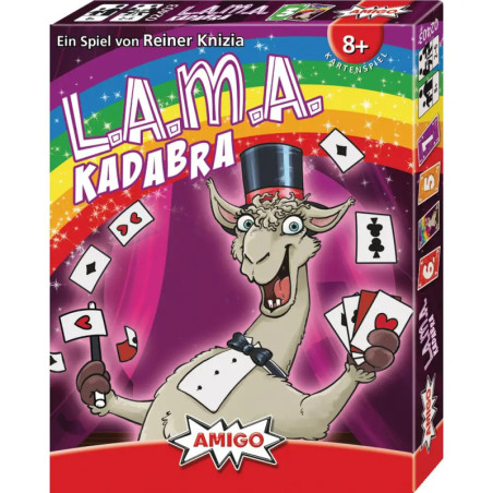 Ein Cartoon-Lama im Smoking und Zylinder zaubert mit Karten auf einer bunten Spieleschachtel.