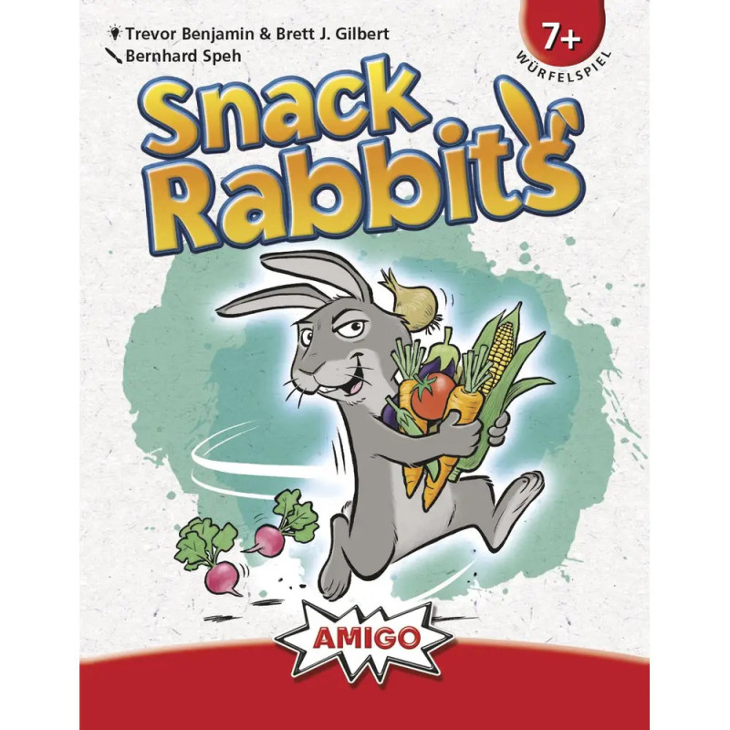 Ein Cartoon-Hase mit Gemüse auf der Snack Rabbits-Spielbox, empfohlen ab 7 Jahren.