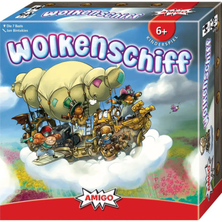 Bunte Spieleschachtel von Wolkenschiff mit fantasievollem Luftschiff und Comicfiguren in Wolken.