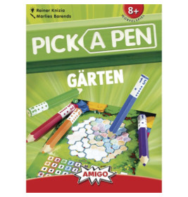 Spielschachtel von Pick a Pen: Gärten mit bunten Stiften und hexagonalem Gartenraster auf dem Cover.