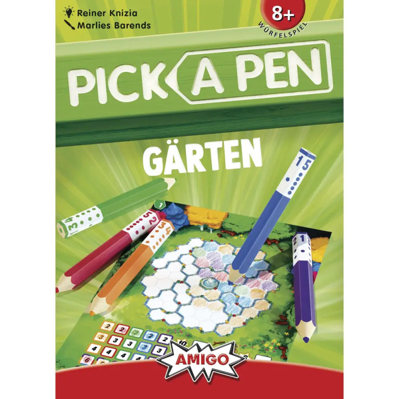 Spielschachtel von Pick a Pen: Gärten mit bunten Stiften und hexagonalem Gartenraster auf dem Cover.