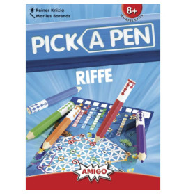 Pick A Pen: Riffe Brettspiel-Cover mit bunten Stiften, Spielbrett und Empfehlung ab 8 Jahren.