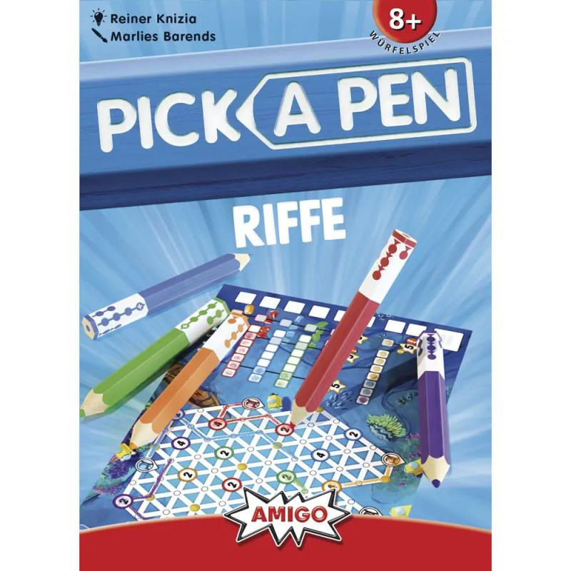 Pick A Pen: Riffe Brettspiel-Cover mit bunten Stiften, Spielbrett und Empfehlung ab 8 Jahren.