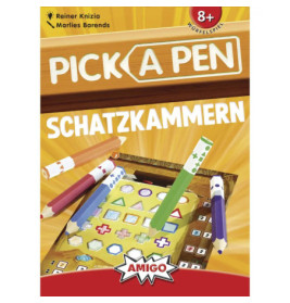 Buntes Pick A Pen Schatzkammern Spielcover mit Stiften und Juwelen-Symbolen, geeignet ab 8 Jahren.