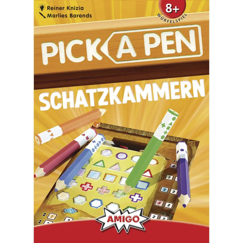 Buntes Pick A Pen Schatzkammern Spielcover mit Stiften und Juwelen-Symbolen, geeignet ab 8 Jahren.