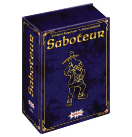 Spielbox Saboteur mit goldenem Zwerg und Spitzhacke vor dunkelblauem Hintergrund.
