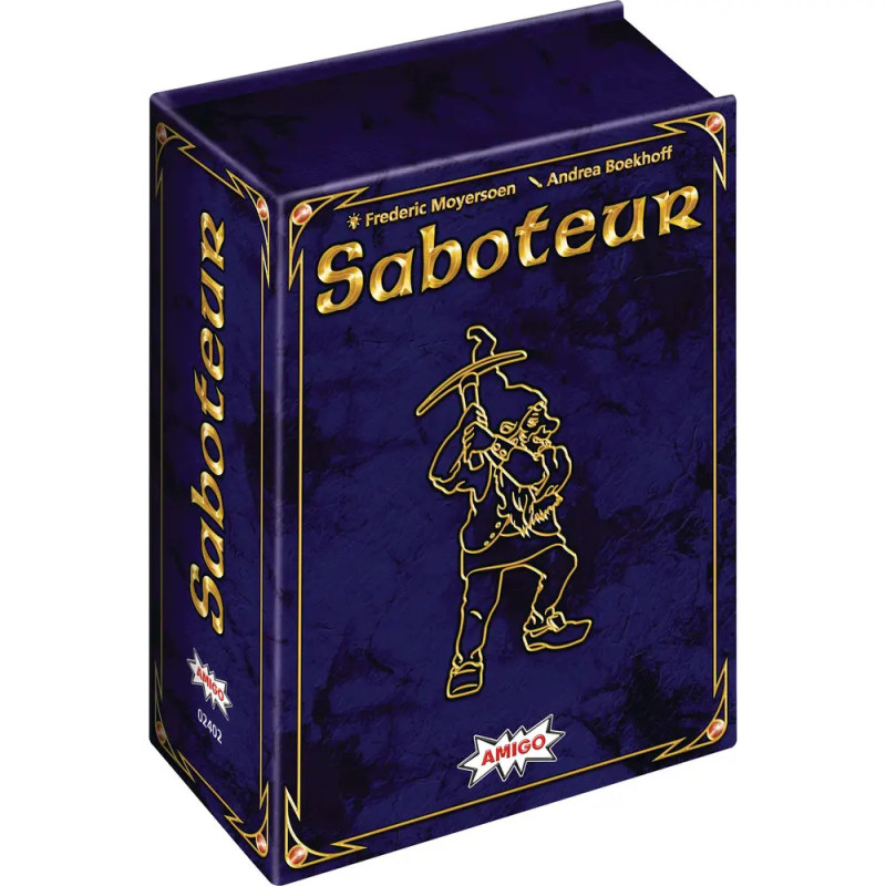 Spielbox Saboteur mit goldenem Zwerg und Spitzhacke vor dunkelblauem Hintergrund.