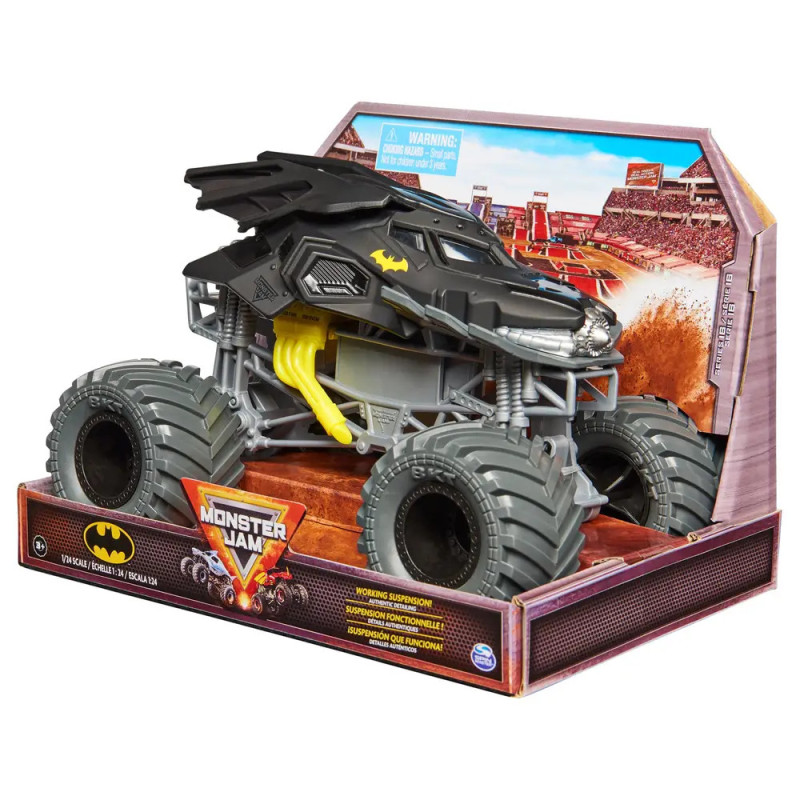 Batman Monster Jam Spielzeugtruck in Verpackung mit großen grauen Reifen und schwarzem Bat-Design.