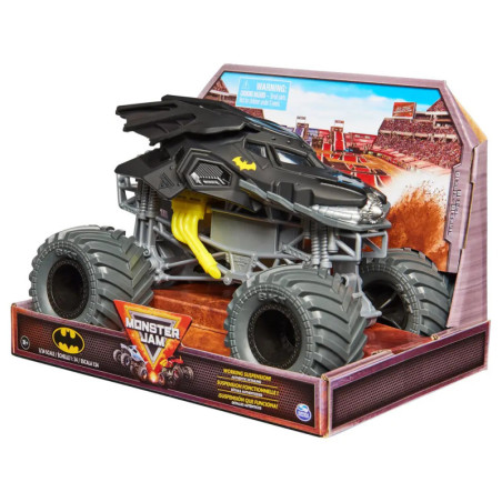 Batman Monster Jam Spielzeugtruck in Verpackung mit großen grauen Reifen und schwarzem Bat-Design.