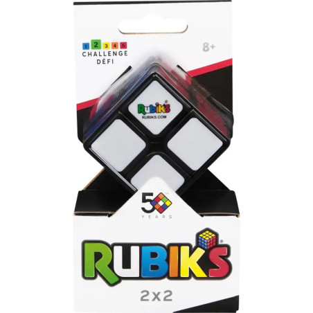 Ein Rubiks 2x2-Würfel in bunter Verpackung mit 50-Jahre-Jubiläumslogo.
