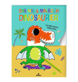 Buntes deutsches Dinosaurier-Malbuch mit Cartoon-Dino, der einen Stift hält, vor sandigem Hintergrund.