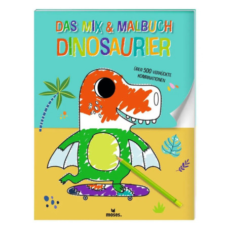 Buntes deutsches Dinosaurier-Malbuch mit Cartoon-Dino, der einen Stift hält, vor sandigem Hintergrund.