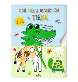 Deutsches Malbuchcover mit bunten Tieren: Krokodil-Giraffe-Mix, Schildkröte, Sonne, Wolken und Schmetterlinge.