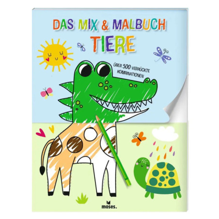 Deutsches Malbuchcover mit bunten Tieren: Krokodil-Giraffe-Mix, Schildkröte, Sonne, Wolken und Schmetterlinge.