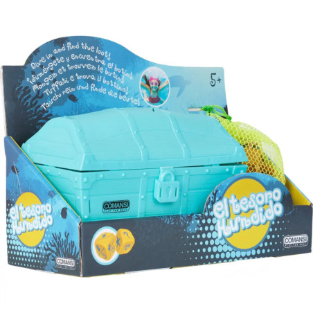 Türkise Spielzeug-Schatztruhe El Tesoro Hundido ab 5 Jahren, verpackt im gelben Netzbeutel. Türkise Spielzeug-Schatztruhe El Tesoro Hundido ab 5 Jahren, verpackt im gelben Netzbeutel.