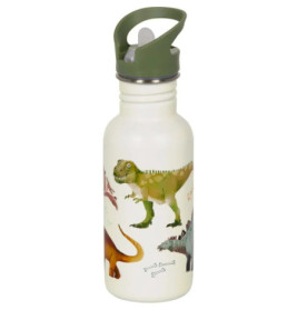 Weiße Trinkflasche mit grünem Deckel, verziert mit bunten Dinosauriern und kleinen Knochenzeichnungen.