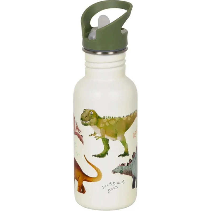 Weiße Trinkflasche mit grünem Deckel, verziert mit bunten Dinosauriern und kleinen Knochenzeichnungen.