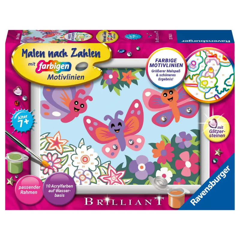 Ravensburger Malen-nach-Zahlen-Set mit Schmetterlingen und Blumen, geeignet für Kinder ab 7 Jahren.