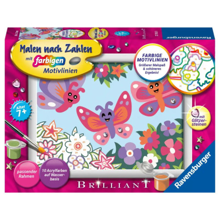 Ravensburger Malen-nach-Zahlen-Set mit Schmetterlingen und Blumen, geeignet für Kinder ab 7 Jahren.