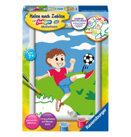 Malset-Box mit Comic-Junge beim Fußballspielen, unten sind Farben und Pinsel abgebildet.