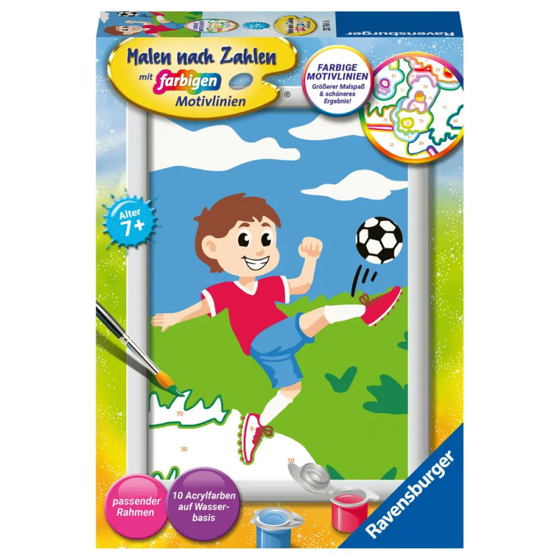 Malset-Box mit Comic-Junge beim Fußballspielen, unten sind Farben und Pinsel abgebildet. Malset-Box mit Comic-Junge beim Fußballspielen, unten sind Farben und Pinsel abgebildet.