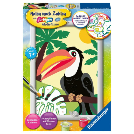 Malset mit bunter Tukanabbildung, Palmenblättern und Zubehör, geeignet für Kinder ab 7 Jahren.