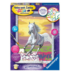 Malen-nach-Zahlen-Set mit weißem Pferd vor buntem Hintergrund, ab 9 Jahren, von Ravensburger.