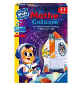 Bunte Brettspielbox mit Comic-Tieren und Rakete, Aufschrift Mathe-Galaxie, geeignet für 6- bis 9-Jährige.