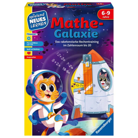 Bunte Brettspielbox mit Comic-Tieren und Rakete, Aufschrift Mathe-Galaxie, geeignet für 6- bis 9-Jährige.