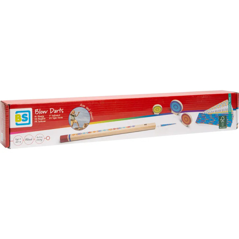 Blasrohr-Spielset in Schachtel mit bunten Zielen auf der Verpackung vor weißem Hintergrund.