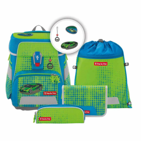 Blau-grünes Schulranzen-Set mit Auto-Motiv: Rucksack, Turnbeutel, Federmäppchen und Geldbörse.