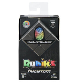 Rubiks Phantom Puzzle in schwarzer Verpackung mit buntem Fingerabdruck-Design und dem Schriftzug Touch...Reveal...Solve.