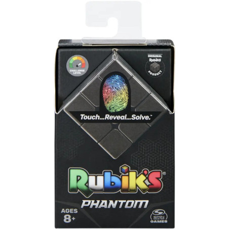 Rubiks Phantom Puzzle in schwarzer Verpackung mit buntem Fingerabdruck-Design und dem Schriftzug Touch...Reveal...Solve. Rubiks Phantom Puzzle in schwarzer Verpackung mit buntem Fingerabdruck-Design und dem Schriftzug Touch...Reveal...Solve.
