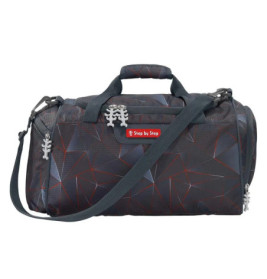 Schwarze geometrische Sporttasche mit Schultergurt und Step by Step-Logo auf der Vorderseite.