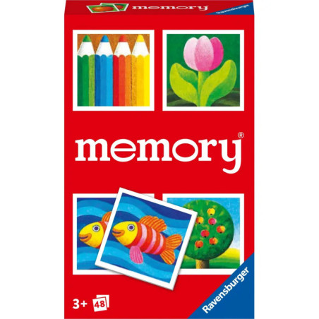 Rote Ravensburger Memory-Spielbox mit bunten Bildern von Stiften, einer Blume, Fischen und einem Baum auf der Vorderseite.