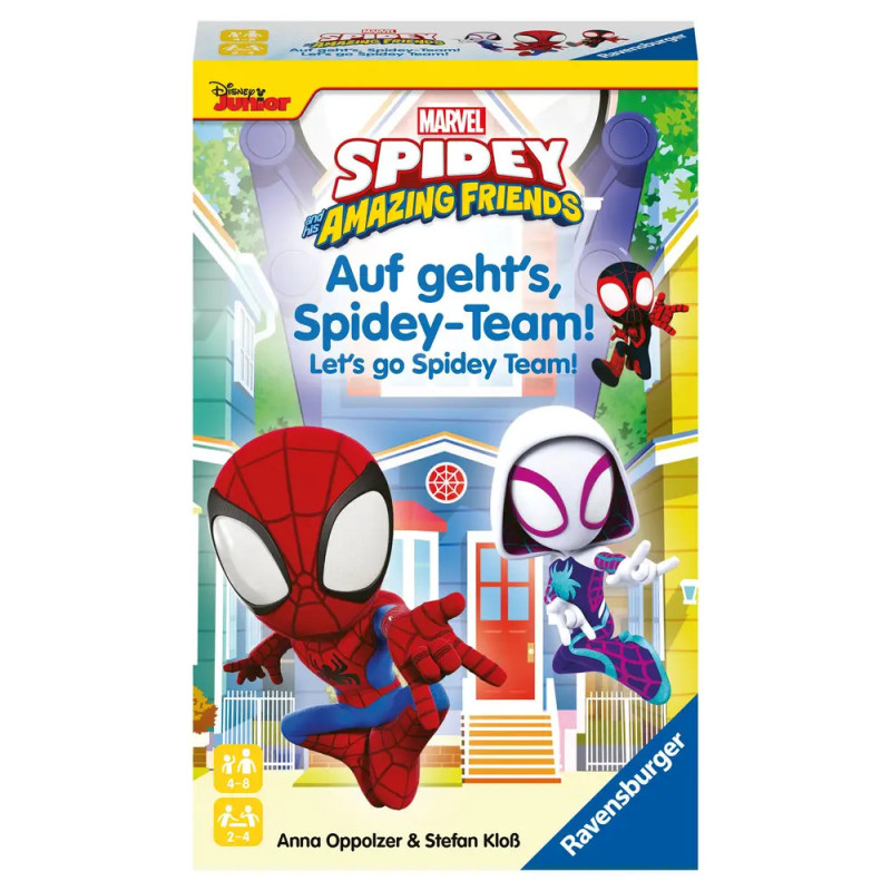 Bunte Verpackung des Spidey and His Amazing Friends Spiels mit Cartoon-Spider-Man-Figuren in Action-Posen.