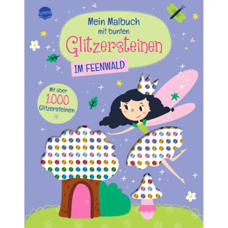 Malbuchcover mit Fee, glitzernden Steinen, einem Baum und deutschem Text zu Glitzersteinen.