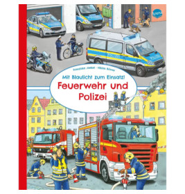 Einband: Polizei- und Feuerwehrautos im Einsatz, deutscher Titel Feuerwehr und Polizei.