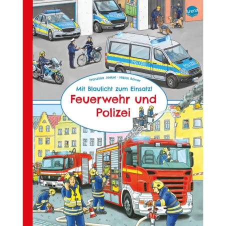 Einband: Polizei- und Feuerwehrautos im Einsatz, deutscher Titel Feuerwehr und Polizei.