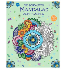 Mandala-Malbuch mit buntem Einband, deutschen Texten und floralen Mustern auf hellgrünem Hintergrund.