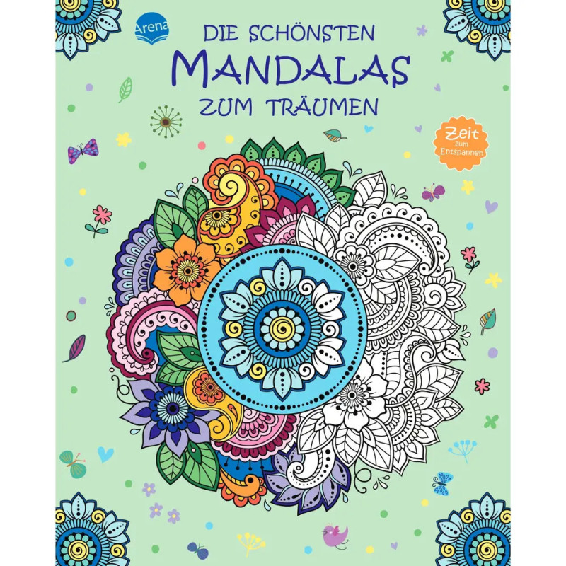 Mandala-Malbuch mit buntem Einband, deutschen Texten und floralen Mustern auf hellgrünem Hintergrund.