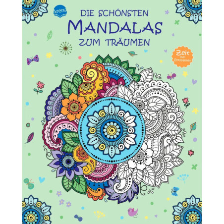 Mandala-Malbuch mit buntem Einband, deutschen Texten und floralen Mustern auf hellgrünem Hintergrund.