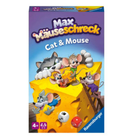 Max Mäuseschreck Spielbox mit Comic-Mäusen, Katze, Käse und Spielfiguren.
