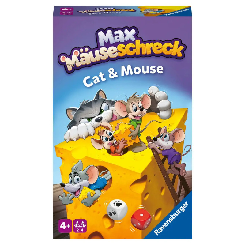 Max Mäuseschreck Spielbox mit Comic-Mäusen, Katze, Käse und Spielfiguren.